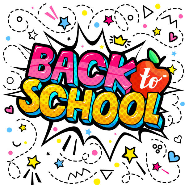 konzept der bildung. schulhintergrund und komische sprechblase mit back to school-beschriftung - der erste schultag stock-grafiken, -clipart, -cartoons und -symbole