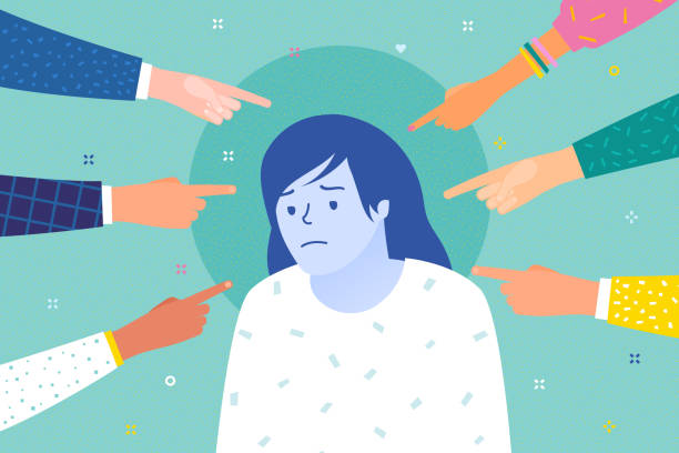 Sad or depressed woman surrounded by hands with index fingers pointing at her. Concept of guilt, public censure and victim blaming. Sad or depressed woman surrounded by hands with index fingers pointing at her. Flat design, vector illustration. embarrassed stock illustrations