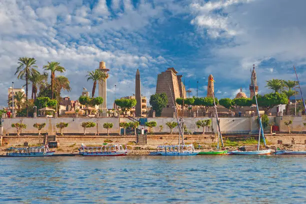 River Nile Luxor Egypt. View of Luxor’s business card - Karnak Temple.