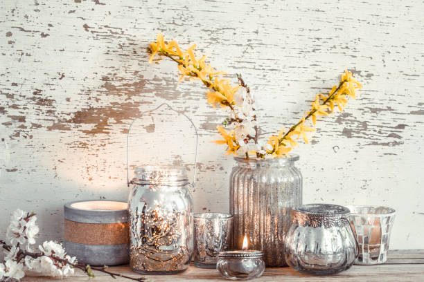 istock Home decor on wooden background with spring flowers 1150299457