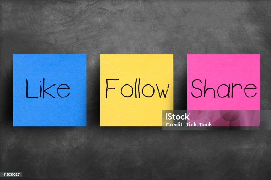 Sticky note on blackboard, Like follow share Sharing Stock Photo