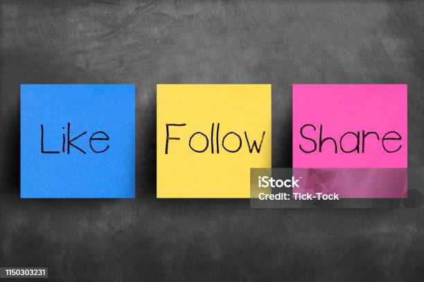 Sticky Note On Blackboard Like Follow Share Stock Photo - Download Image Now - Sharing, Enjoyment, Social Media Followers