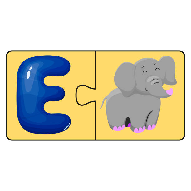 istock Children s educational toy. Puzzle, cute cartoon elephant and the letter E. Vector illustration. Fun animal. 1150304303