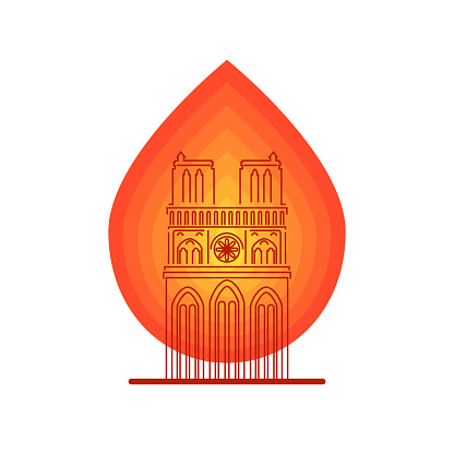 Notre Dame Cathedral with symbol of fire. Vector illustration.