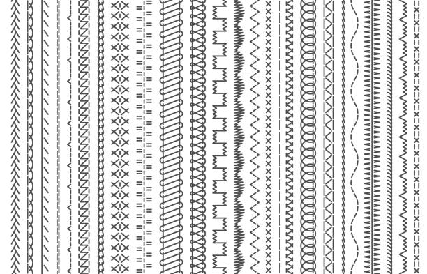 szwy maszyny do szycia. szwy szwów, szyte szyte bezszwowy wzór pędzla i hafty szyje zestaw ilustracji wektorowych ściegu - sewing stock illustrations