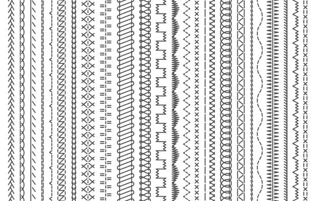 Vector illustration of Sewing machine stitches. Stitching seams, stitched sew seamless pattern brush and embroidery sews stitch vector illustration set