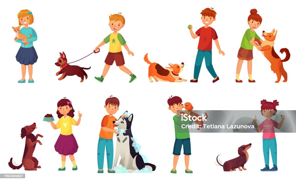 Kids Playing With Dogs Child Feeding Dog Pet Animals Care And Kid Walking  With Cute Puppy Cartoon Vector Illustration Set Stock Illustration -  Download Image Now - iStock