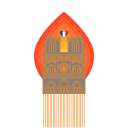 Notre Dame Cathedral with symbol of fire. French flag in the shape of a heart. Vector illustration.