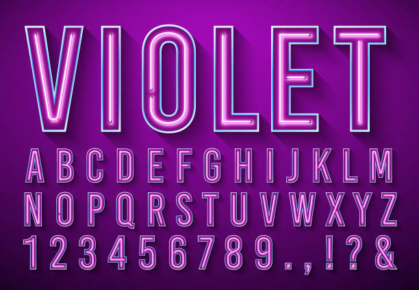 helle neonbuchstaben. violette glühende schrift, leuchtkasten-alphabet und neonlichen-beschriftung mit shadow-3d-vektordarstellung - light violet stock-grafiken, -clipart, -cartoons und -symbole