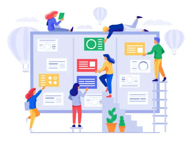 Vector illustration of Kanban board. Agile project management, office team collaboration and projects process coherence vector illustration