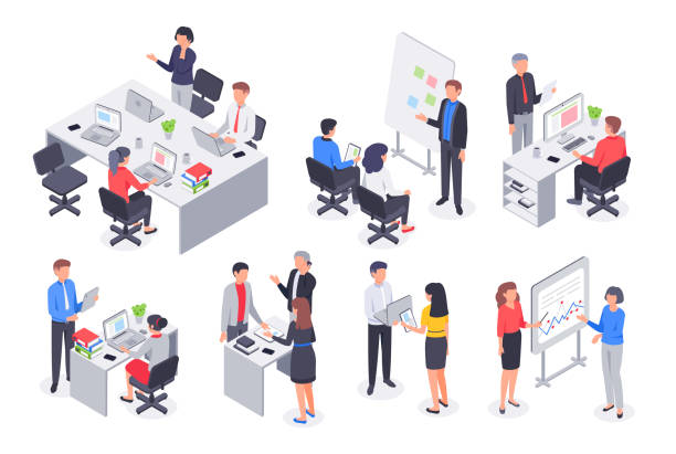 Isometric business office team. Corporate teamwork meeting, employee workplace and people work 3D vector illustration set Isometric business office team. Corporate teamwork meeting, employee workplace and people work. Career strategy consulting or coworking workspace. 3D vector illustration isolated icons set isometric projection stock illustrations