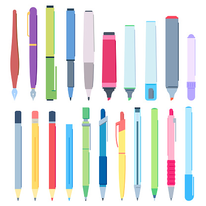 Cartoon pens and pencils. Writing pen, drawing pencil and highlighter marker. Craft writing mechanical supplies, draw ink pens and plastic paintbrush. Vector illustration isolated icons set