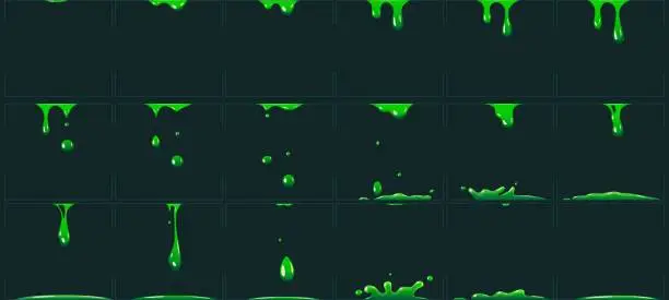 Vector illustration of Dripping green slime animation. Cartoon animated toxic waste liquid. Acid or poison drip drop fx sprite vector illustration