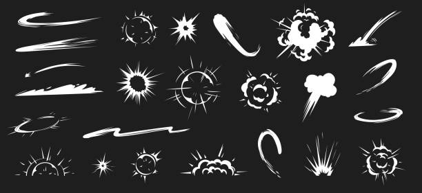 Comic energy explosion. Cartoon flame smoke cloud, speed hit vfx effect and promo flash blast vector illustration set Comic energy explosion. Cartoon flame smoke cloud, speed hit vfx effect and promo flash blast. Smoking fog cloud, comic explosive puffs or swirl wind. Vector illustration isolated symbols set bang icon stock illustrations