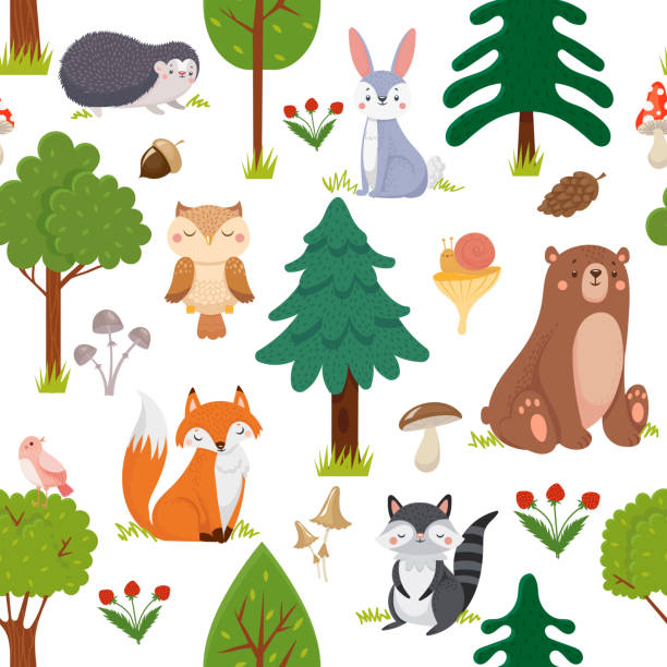 シームレスな森の動物のパターン。夏の森かわいい野生動物と森花の漫画ベクトルの背景 - wild strawberry点のイラスト素材／クリップアート素材／マンガ素材／アイコン素材