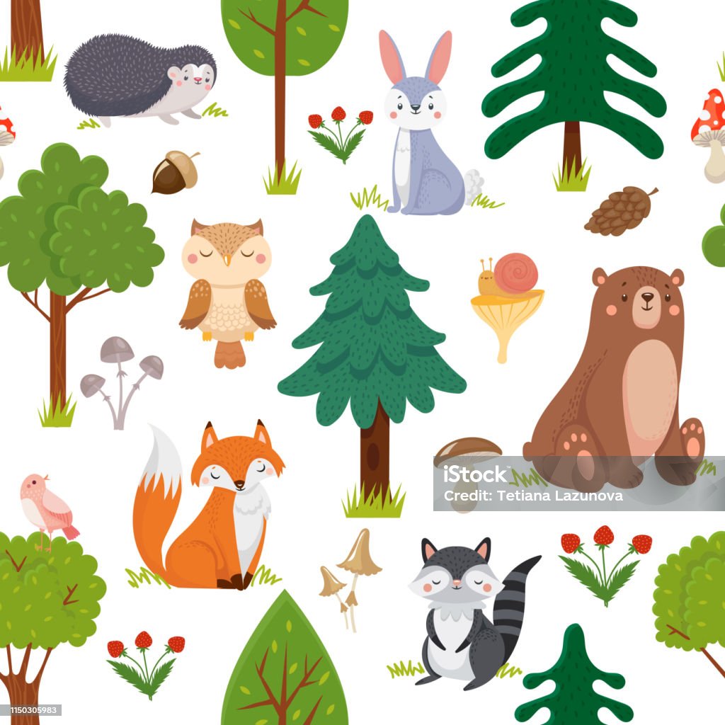 Seamless Woodland Animals Pattern Summer Forest Cute Wildlife Animal And  Forests Floral Cartoon Vector Background Stock Illustration - Download  Image Now - iStock