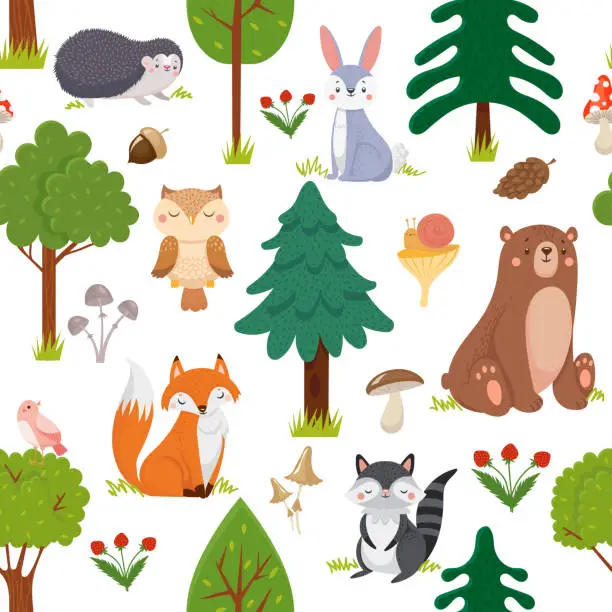 Vector illustration of Seamless woodland animals pattern. Summer forest cute wildlife animal and forests floral cartoon vector background