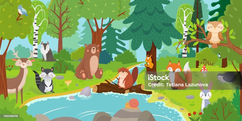 Cartoon-Waldtiere. Wilder Bär, lustige Eichhörnchen und niedliche Vögel auf Wäldern Bäume vector Hintergrund Illustration - Lizenzfrei Tier Vektorgrafik