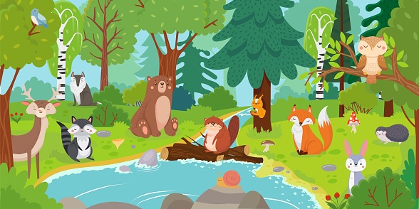 Cartoon forest animals. Wild bear, funny squirrel and cute birds on forests trees kids. Fox, hedgehog wolf and deer woodland characters by the river vector background illustration
