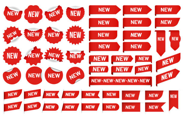 ilustraciones, imágenes clip art, dibujos animados e iconos de stock de pegatina nueva etiqueta. etiqueta de ángulo más reciente, pegatinas de insignia de ventas y nuevo conjunto de vectores de etiquetas - interface icons badge label insignia