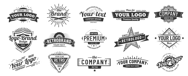 Vintage badge. Retro brand name icon badges, company label and hipster frame. Ribbon emblem, premium quality banners or manufacturing sticker. Vector illustration isolated symbols set