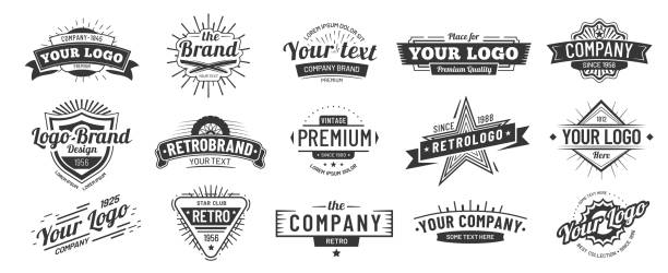 Vintage badge. Retro brand name icon badges, company label and hipster frame vector illustration set Vintage badge. Retro brand name icon badges, company label and hipster frame. Ribbon emblem, premium quality banners or manufacturing sticker. Vector illustration isolated symbols set hipster culture stock illustrations