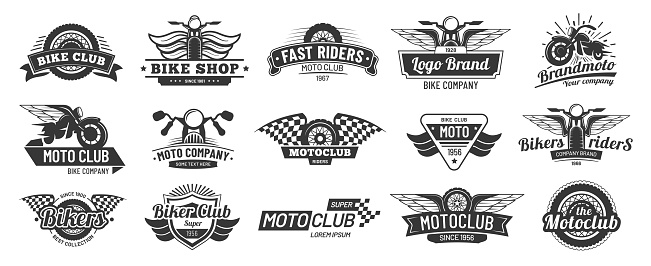 Biker club emblems. Retro motorcycle rider badges, moto sports emblem and motorbike silhouette badge. Hipster garage emblem, motorcycling wheels patch or bike repair icon. Vector isolated signs set
