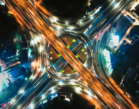 Aerial view of Expressway road intersection at night