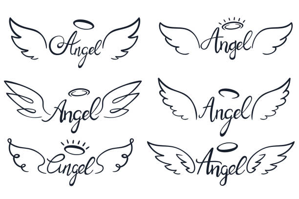 Angel wings lettering. Heaven wing, heavenly winged angels and holy wings sketch vector illustration set Angel wings lettering. Heaven wing, heavenly winged angels and holy wings sketch. Saint halo and angels wings tattoo sketches or ink insignia. Vector illustration isolated icons set halo stock illustrations