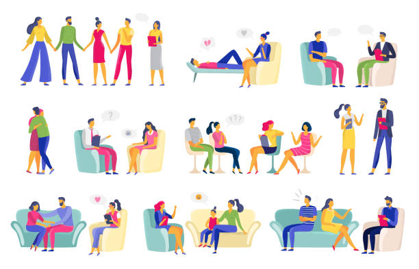 Psychotherapy session. Psychologic therapy, family psychologist and psychotherapist sessions vector illustration set Psychotherapy session. Psychologic therapy, family psychologist and psychotherapist sessions. Addiction or depression treatment sessions, mental problem couch. Vector illustration isolated icons set psychotherapy illustrations stock illustrations