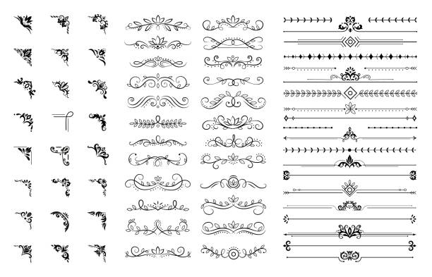 装飾的なコーナーと仕切り。観賞用カールボーダー、王室の装飾品やヴィンテージの線細工の飾りコーナーベクトルイラストセット - ornate dividing decoration calligraphy点のイラスト素材／クリップアート素材／マンガ素材／アイコン素材