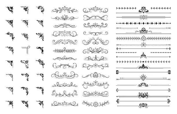 Vector illustration of Decorative corners and dividers. Ornamental curls border, royal ornaments and vintage filigree ornament corner vector illustration set