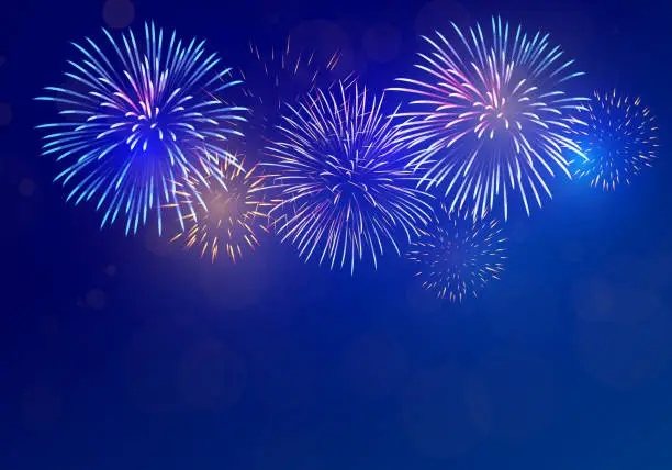 Vector illustration of colorful fireworks vector on dark blue background with sparking bokeh