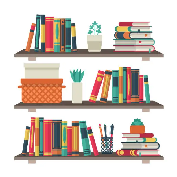 Vector illustration of Flat bookshelves. Shelf book in room library, reading book office shelf wall interior study school bookcase vector background