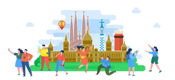 Vector illustration of Concept of travel or studying Spanish. Tourists in Spain.