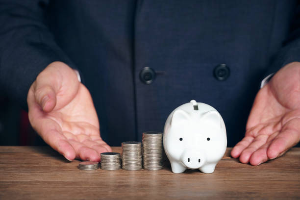 istock Businessman show growth shape coins stack and white piggy saving. 1150308735