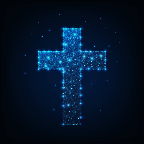 istock Glowing low polygonal religious christian cross made of lines, stars, dots on dark blue background. 1150309411