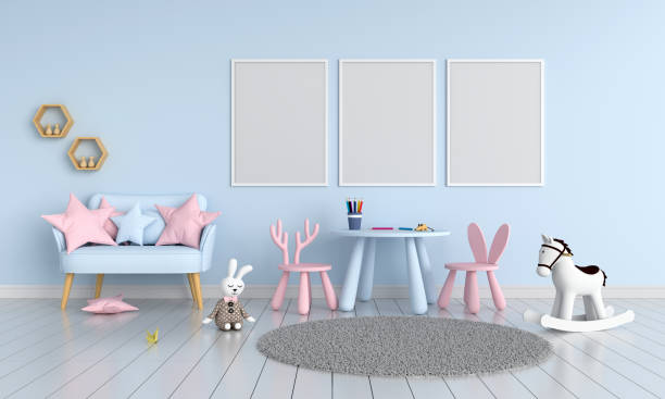 istock Three blank photo frame for mockup in child room, 3D rendering 1150309554