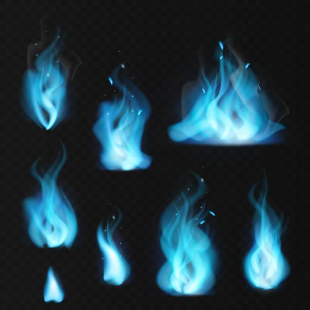 blaue flamme. brennende feurige erdgas-heiße kaminflammen warmen feuer brennt lagerfeuer-effekt blauen magischen flammenden vektor-set - abstract blue flame backgrounds stock-grafiken, -clipart, -cartoons und -symbole