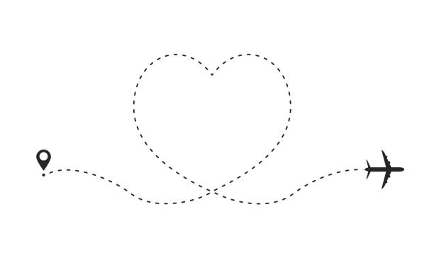 Airplane route in heart shape. Romantic travel concept. Travel and tourism concept, background with start point, airplane and dashed line trace Airplane route in heart shape. Romantic travel concept. Travel and tourism concept, background with start point, airplane and dashed line trace. Vector official visit stock illustrations