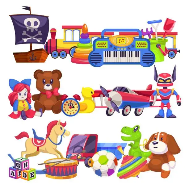 Vector illustration of Toy piles. Cute colourful kid toys pile with car, sand pail, child plastic animal bear and dog, doll train vector isolated illustration