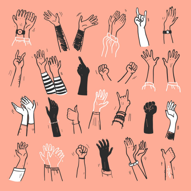 Vector collection of human hands up, gestures, thumb up, greeting, applause so on isolated on light background. Vector collection of human hands up, gestures, thumb up, greeting, applause so on isolated on light background. Hand drawn, flat, sketch style. For cards, advertising, banners, invitations, tags etc. rock object illustrations stock illustrations