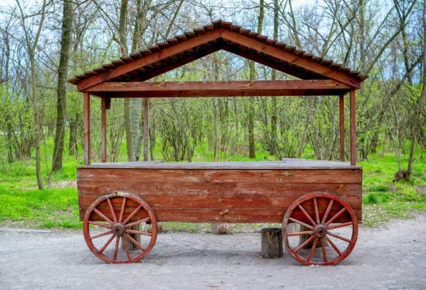 istock Empty trading stand decorated as an old wooden cart 1150315247