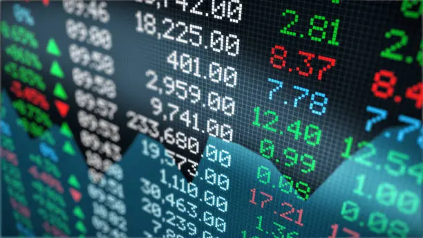 close-up view of a stock market data board (3d render)