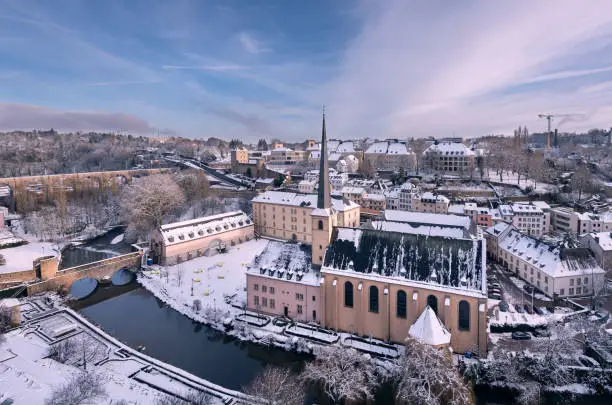Luxembourg, Luxembourg City, View to the Benediktiner abbey Neumuenster and St. Johannes church, casemates left
