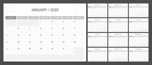 календарь планировщик 2020 дизайн шаблон недели начинаются в воскресенье. - backgrounds printout business paper stock illustrations