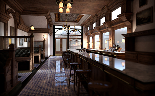 Stylish, cozy bar interior with couter and stools, New York vintage, 3d render