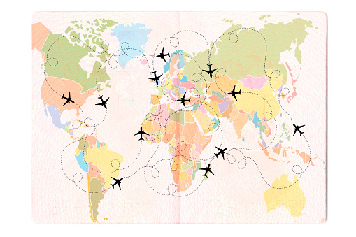 Silhouette of a passenger plane with dashed path lines in the Passport. World map, Travel concept. 3D illustration.