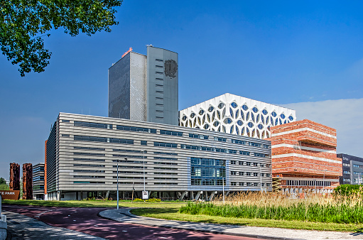 Leiden, The Netherlands, May 18, 2019: overview of the buildings of Naturalis biodiversity center and museum including recent extension as seen from the south east