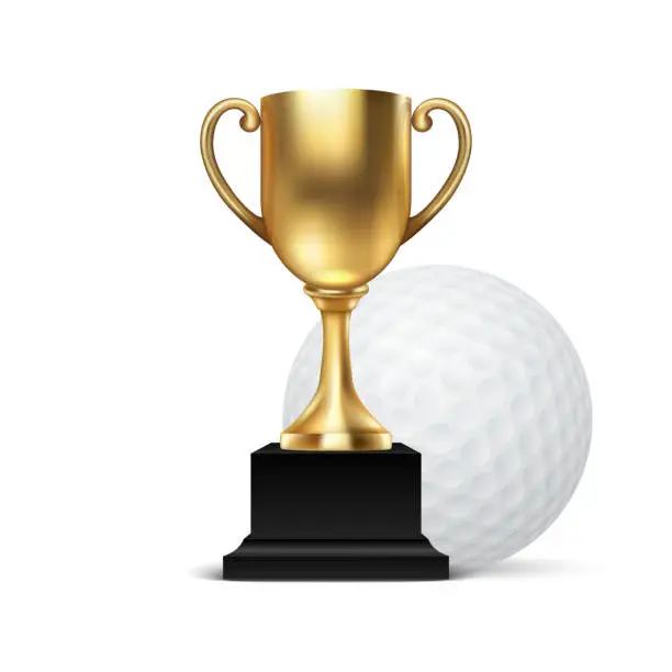 Vector illustration of Realistic Vector 3d Blank Golden Champion Cup Icon wirh Golf Ball Set Closeup Isolated on White. Design Template of Championship Trophy. Sport Tournament Award, Gold Winner Cup and Victory Concept